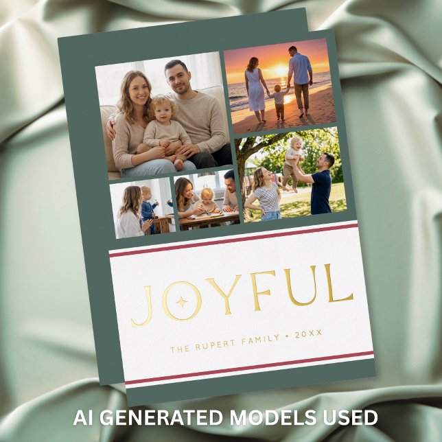 Modern Holly Five Photo Collage Joyful (Modern Holly Five Photo Collage Joyful Foil Holiday Card)