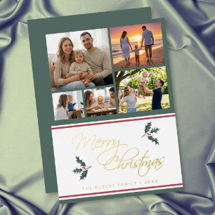 Modern Holly Five Photo Collage Merry Christmas