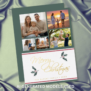 Modern Holly Five Photo Collage Merry Christmas