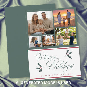 Modern Holly Five Photo Collage Merry Christmas Holiday Card