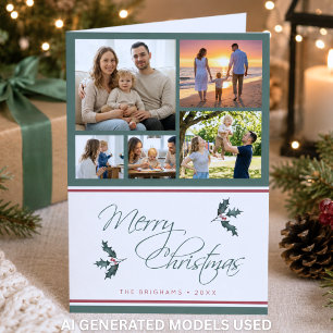 Modern Holly Five Photo Collage Merry Christmas Holiday Card