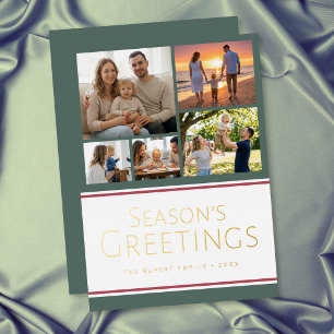 Modern Holly Five Photo Collage Seasons Greetings