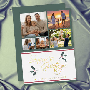 Modern Holly Five Photo Collage Seasons Greetings