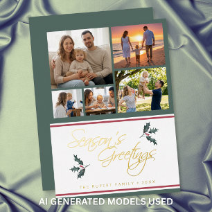Modern Holly Five Photo Collage Seasons Greetings