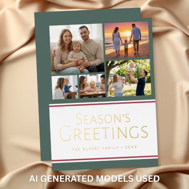 Modern Holly Five Photo Collage Seasons Greetings (Modern Holly Five Photo Collage Seasons Greetings Foil Holiday Card)