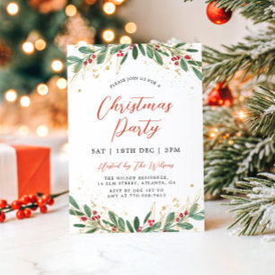 Modern Holly Green and Gold Christmas Party Invitation