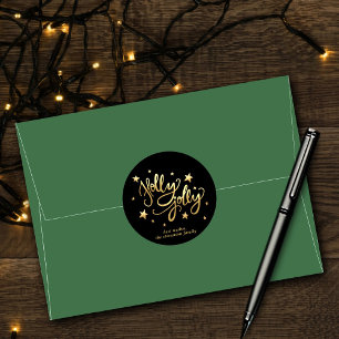 Modern Holly Jolly Christmas   Black Gold Stars Classic Round Sticker