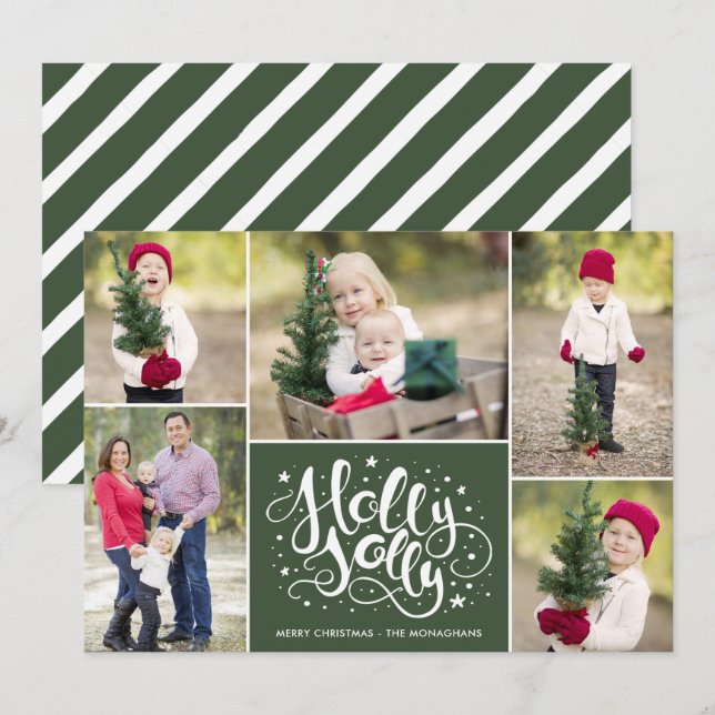 Modern Holly Jolly Photo Collage Christmas Green Holiday Card (Front/Back)