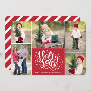 Modern Holly Jolly Photo Collage Christmas Red Holiday Card