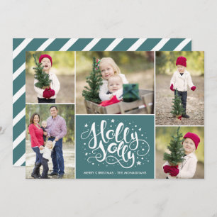 Modern Holly Jolly Photo Collage Christmas Teal Holiday Card