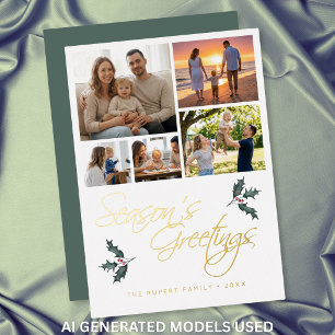 Modern Holly Photo Collage Seasons Greetings