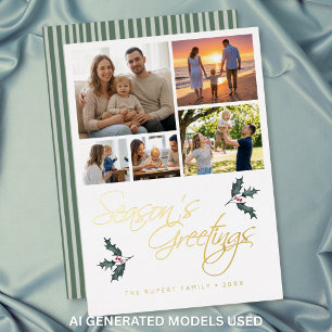 Modern Holly Photo Collage Seasons Greetings
