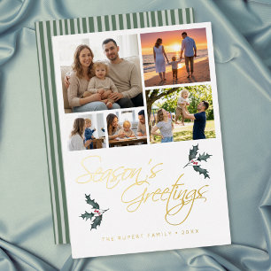 Modern Holly Photo Collage Seasons Greetings