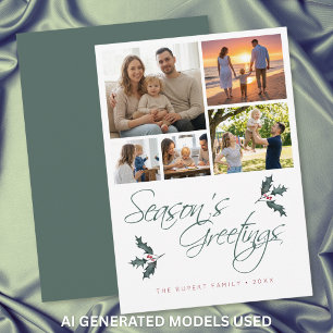 Modern Holly Photo Collage Seasons Greetings Holiday Card