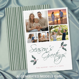 Modern Holly Photo Collage Seasons Greetings Holiday Card