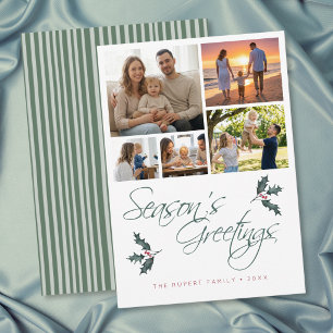 Modern Holly Photo Collage Seasons Greetings Holiday Card