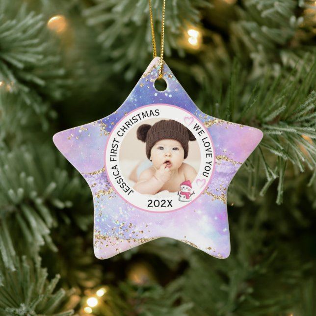 Modern Holographic Baby Girl First Christmas Photo Ceramic Tree Decoration (Tree)