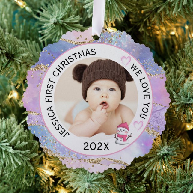 Modern Holographic Baby Girl First Christmas Photo Tree Decoration Card (Insitu (Tree))