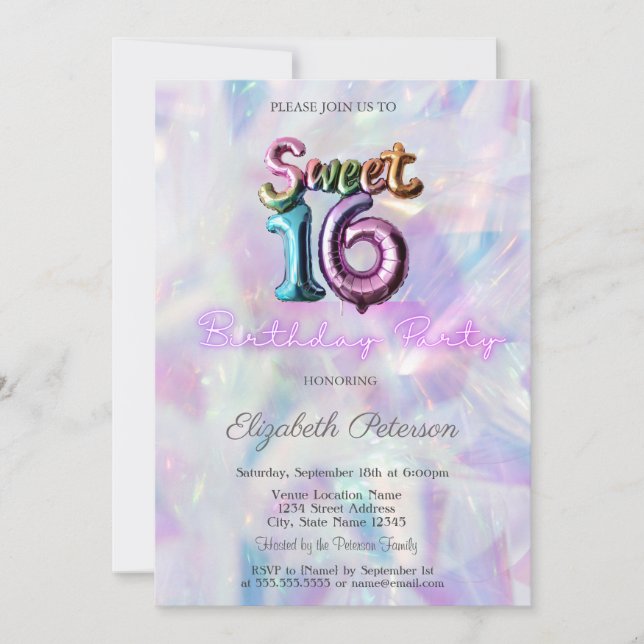 Modern Holographic Balloon Sweet 16 Invitation (Front)