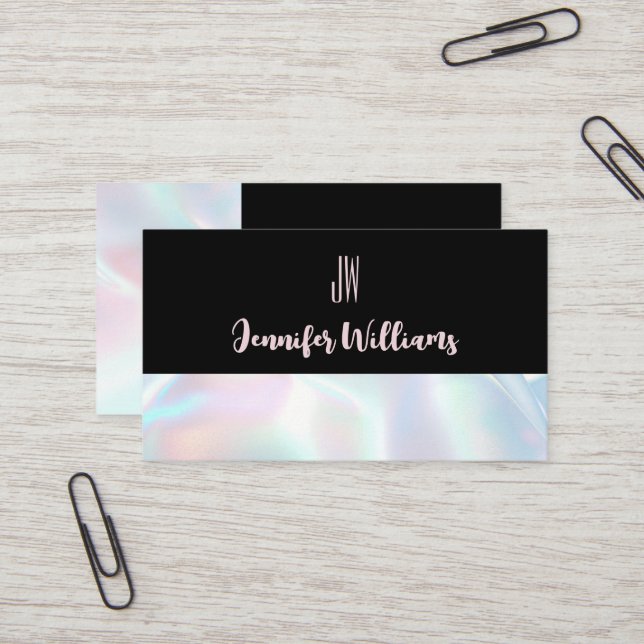 Modern Holographic Black Monogram Business Card (Front/Back In Situ)