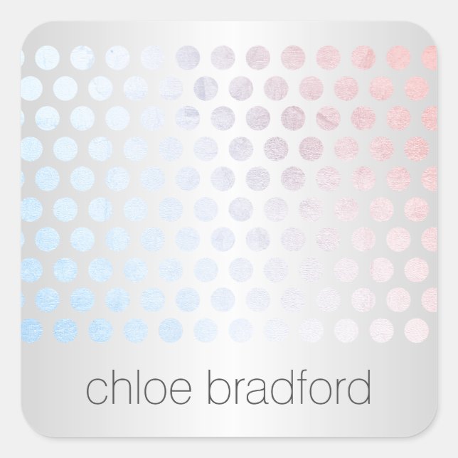 Modern Holographic Dot Pattern on Faux Silver Square Sticker (Front)