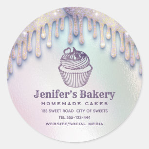 Modern holographic drips cupcake bakery chef classic round sticker