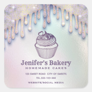 Modern holographic drips cupcake bakery chef square sticker