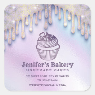 Modern holographic drips cupcake bakery chef square sticker