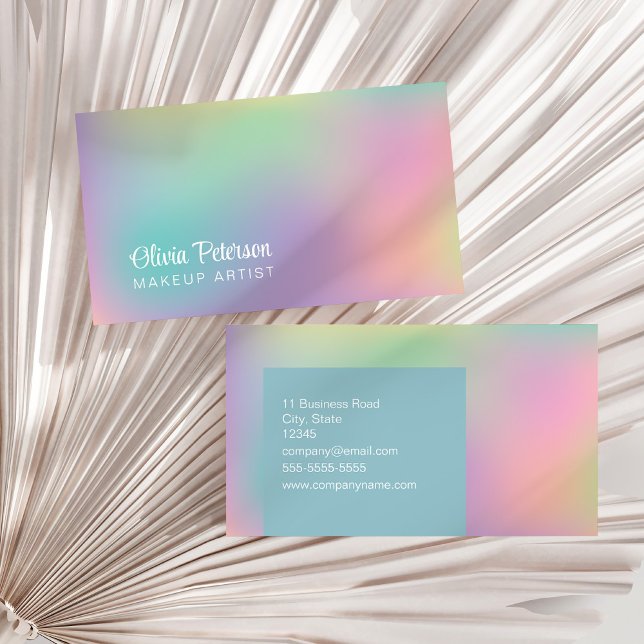 Modern Holographic Elegant White Script Business Card (Modern Holographic Elegant White Script Business Card on a white dry palm leaf.)