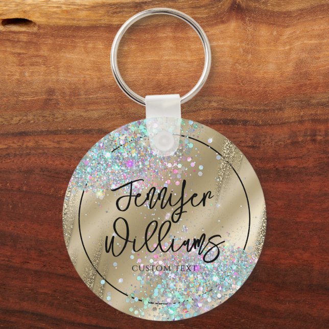 Modern Holographic Glitter Foil Faux Gold Business Key Ring (Back)
