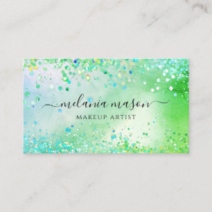 Modern Holographic Glitter Makeup Artist Green Business Card