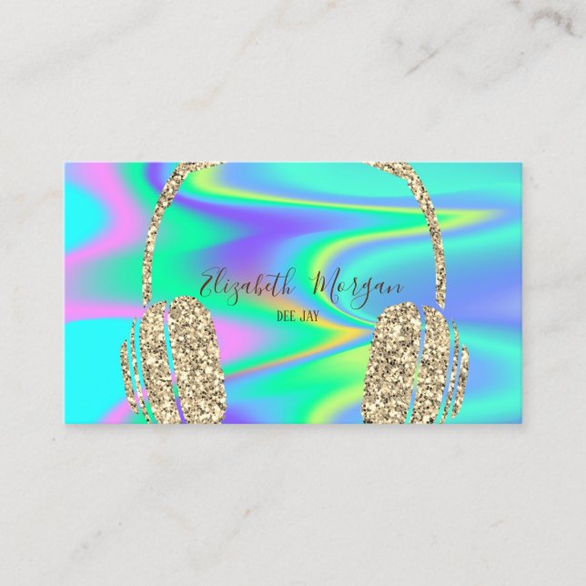 Modern Holographic Gold Glitter Headphone DJ Business Card (Front)
