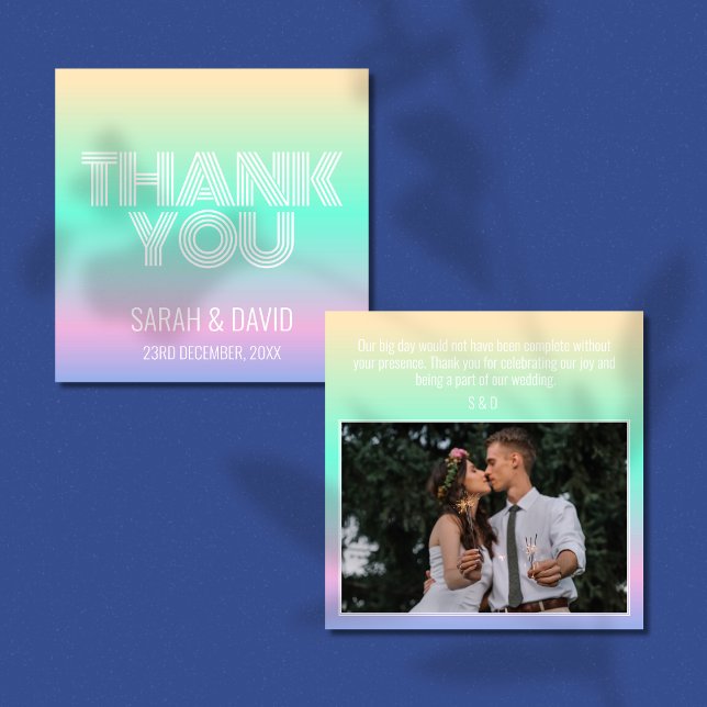 Modern Holographic Gradient Photo Wedding Thank You Card (Creator Uploaded)
