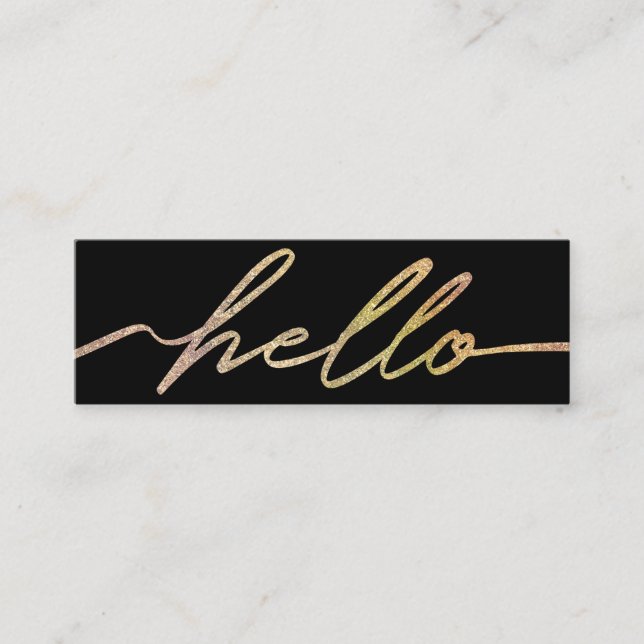 Modern Holographic Hello Script Mini Business Card (Front)