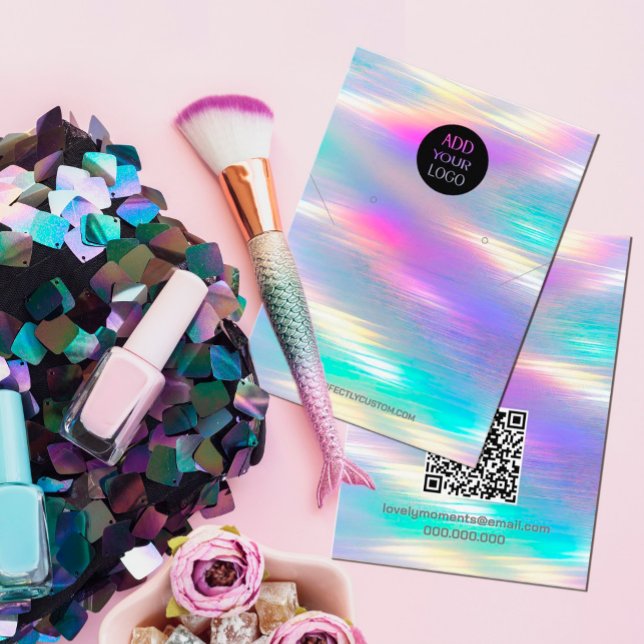 Modern Holographic Logo QR Code necklace earrings Business Card (#zazzlemade #earringdisplay #girly #unicorn #holographic #earringdisplayholder #holographicrainbow)