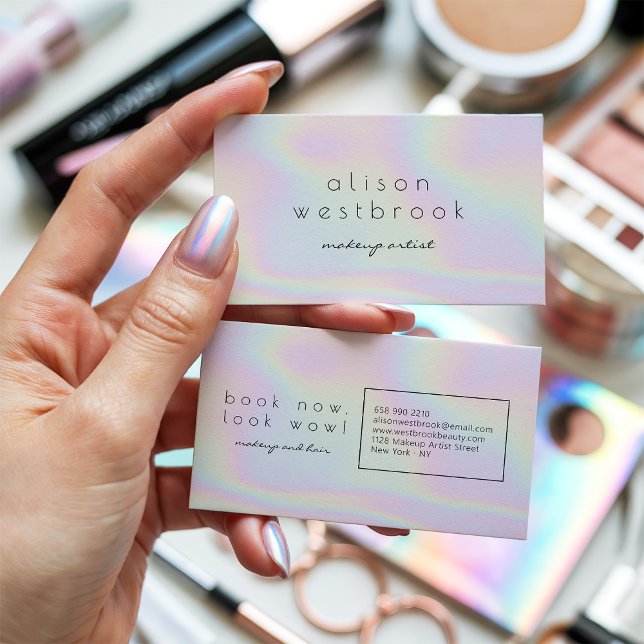 Modern holographic makeup artist pastel rainbow business card (Modern holographic makeup artist pastel rainbow)