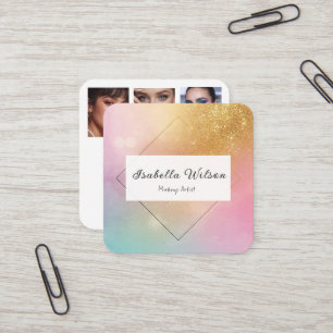 Modern Holographic Makeup Artist Rainbow Gold Square Business Card
