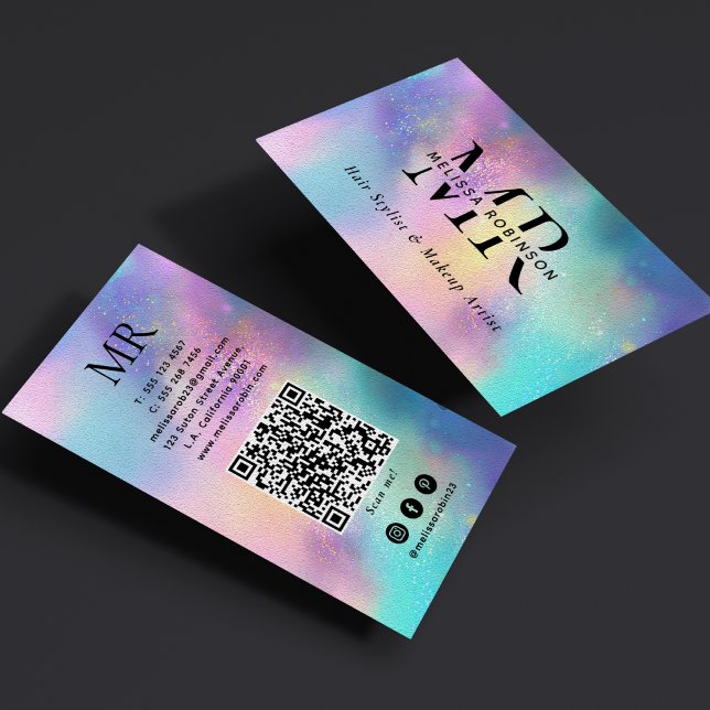 Modern Holographic Monogram QR Code & Social Media Business Card (Creator Uploaded)