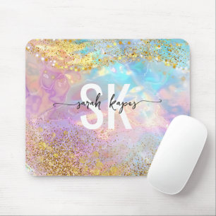 Modern holographic opal stone iridescent monogram mouse pad