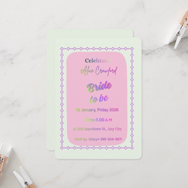 Modern Holographic Pastel Bride to Be Invitation (Front/Back In Situ)