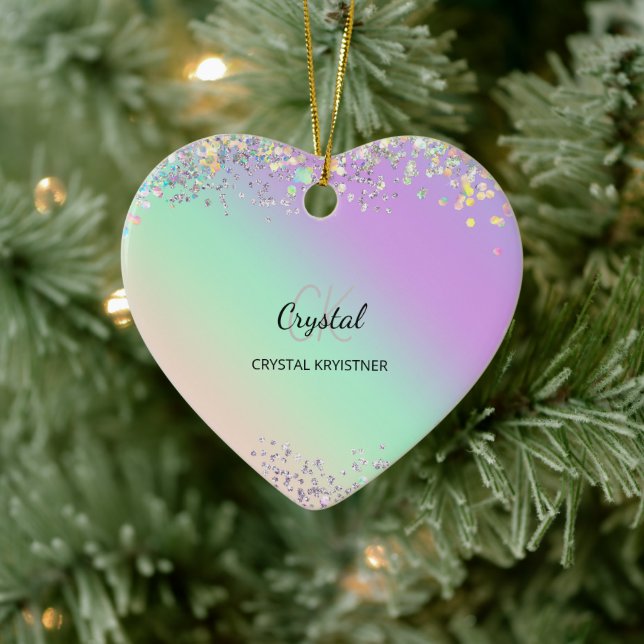 Modern Holographic Pastel Glitter Monogram Ceramic Tree Decoration (Tree)
