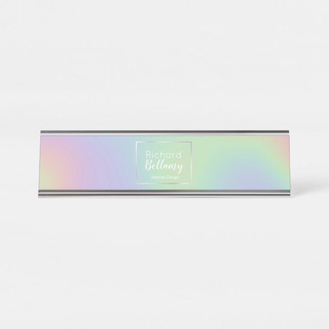 Modern Holographic Rainbow Effect Metal Frame Desk Name Plate (Front)