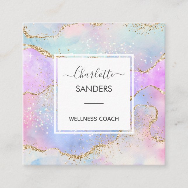 Modern holographic rainbow gold glitter square business card (Front)