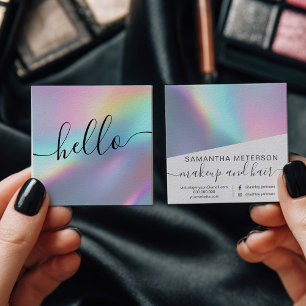 Modern Holographic Script Hello Beauty Branding Square Business Card