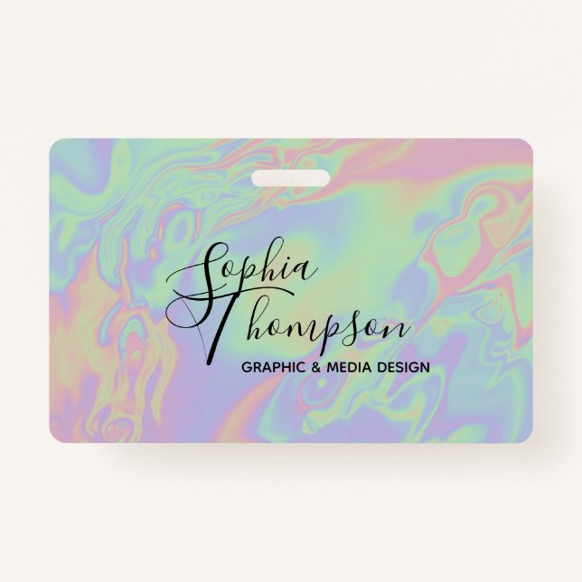 Modern Holographic Script Rainbow Pastel - Badge ID Badge (Front)