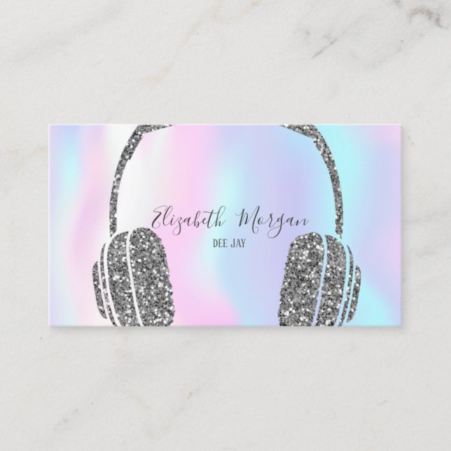Modern Holographic Silver Glitter Headphone DJ Business Card (Front)