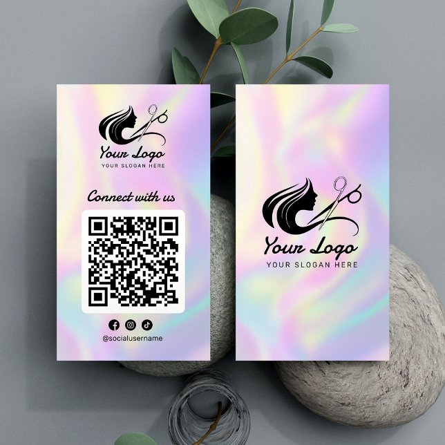 Modern Holographic Social Media Hair Salon Logo Business Card (Creator Uploaded)