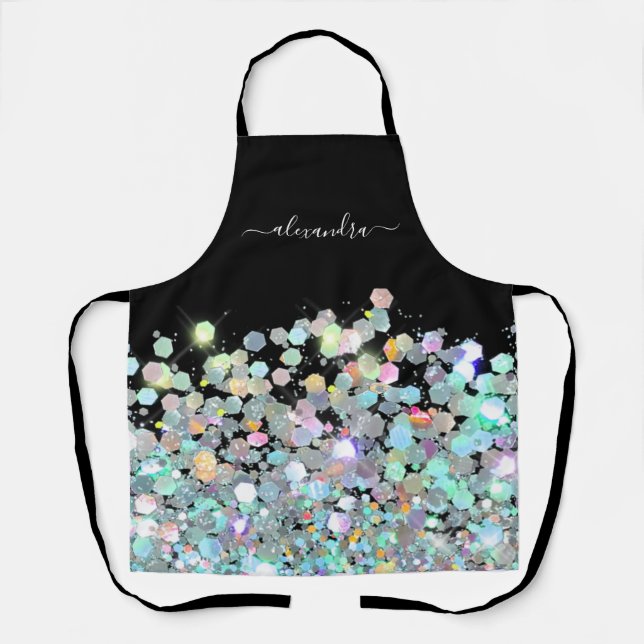 Modern Holographic Sparkle Glitter Custom Black Apron (Front)