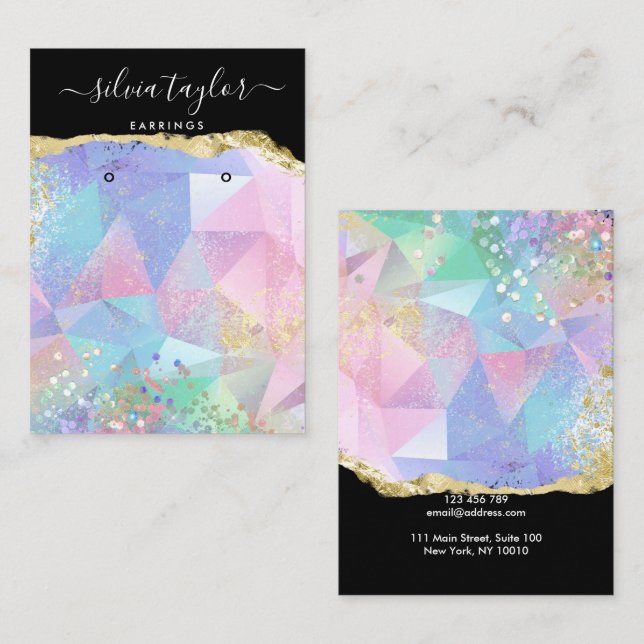 Modern holographic unicorn script earring display  business card (Front/Back)