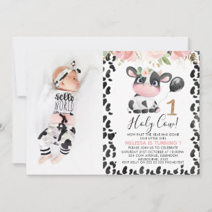 Modern Holy Cow Pink Floral 1st Birthday Invitation